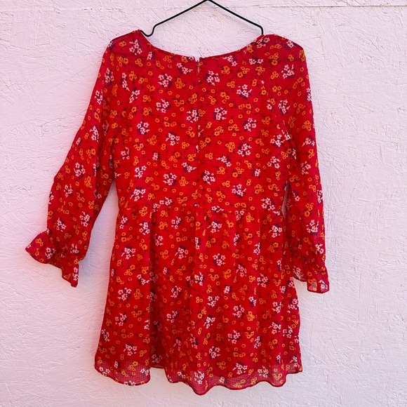 Free People Red Floral Smocked Puff Sleeve Mini Babydoll Chiffon Dress - Picture 3 of 4